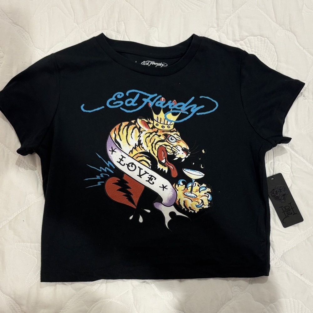 Ed Hardy Black Tee with Tiger and Love Banner
